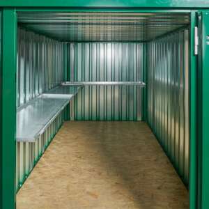 4m Flat Pack Container Shelving Bundle – One Side & Rear (Single Tier)