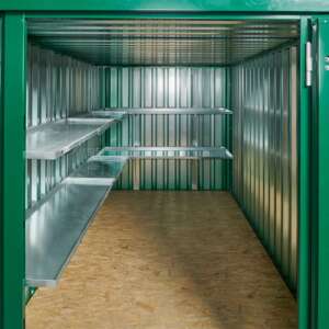 4m Flat Pack Container Shelving Bundle – One Side & Rear (Two Tier)